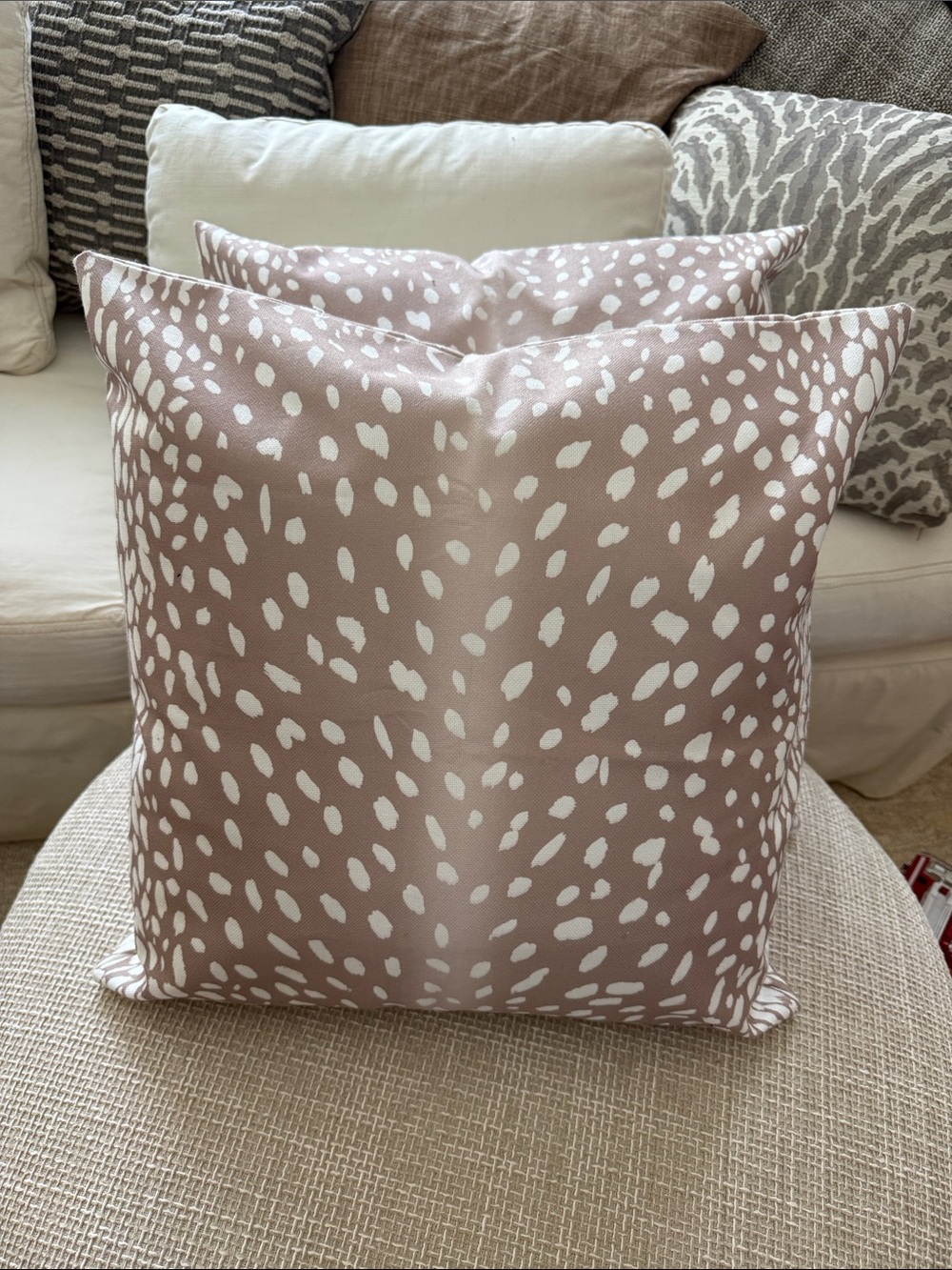 Beige Spot Pattern indoor/ outdoor throw pillow set, Ethan Allen inserts.